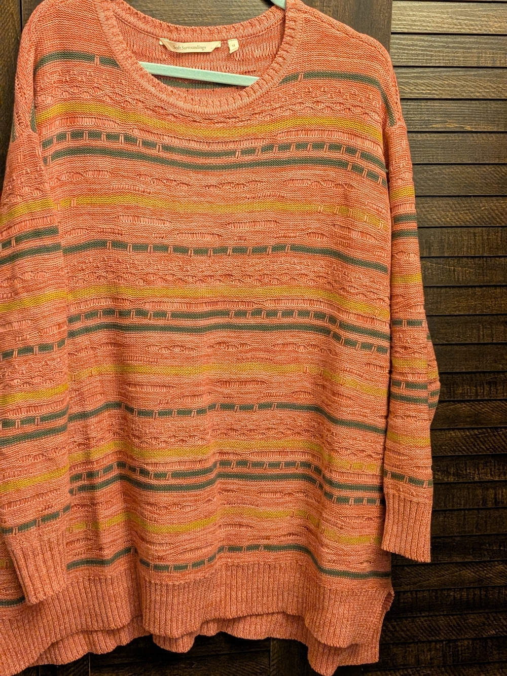 Soft Surroundings Pink/Coral Striped Crewneck Sweater
